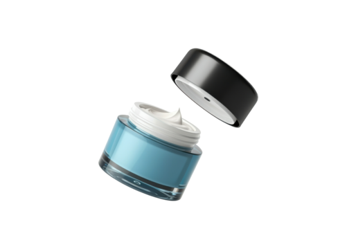 A floating face cream jar with a partially open lid, perfectly horizontal, on a solid white background