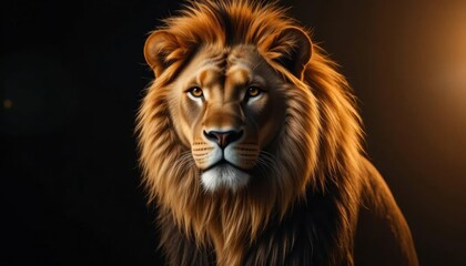 Obraz premium Golden Mane Majesty: Lion Portrait in Dark Ambiance.