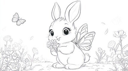 Cute bunny with wings holding flower in garden. Use Coloring book image
