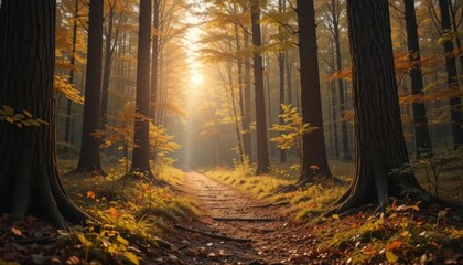 Golden Forest Path: Autumn Sunlight Through Woodland Trees