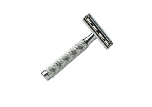 A floating safety razor with a stainless steel handle, perfectly horizontal, on a solid white background