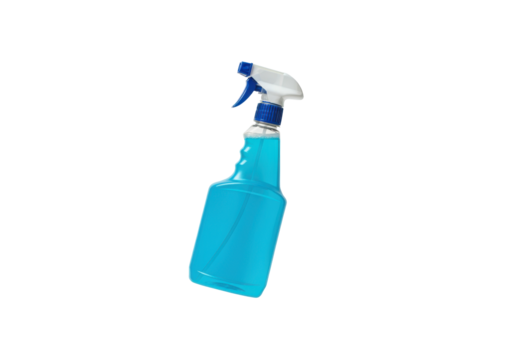 A floating spray bottle filled with blue cleaning liquid, perfectly horizontal, on a solid white background