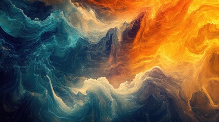 A mesmerizing blend of fiery oranges and cool blues creates a dramatic abstract landscape, illustrating the contrast between warmth and coolness in a dynamic visual experience