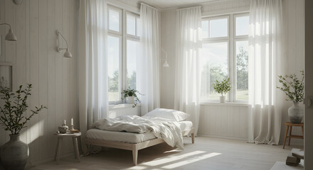 Serene Scandinavian Sunroom with Daybed and Linen Curtains in Neutral Tones