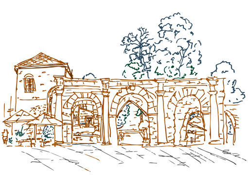 Drawing with colored pens Ruins of the Palace of Venetian governors in the old town of Famagusta, Northern Cyprus