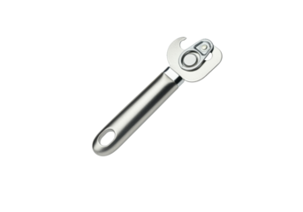 A floating stainless steel can opener, perfectly horizontal, on a solid white background