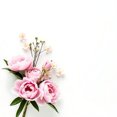 Fototapeta premium Fresh Pink Peonies and Roses Bouquet with Greenery on White Background – High-Quality Floral Arrangement with Copy Space for Branding or Design Use