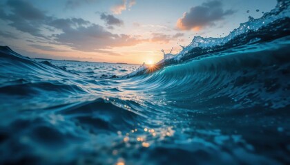 Fototapeta premium Ocean Wave Cresting at Sunset, Golden Light Through Spray