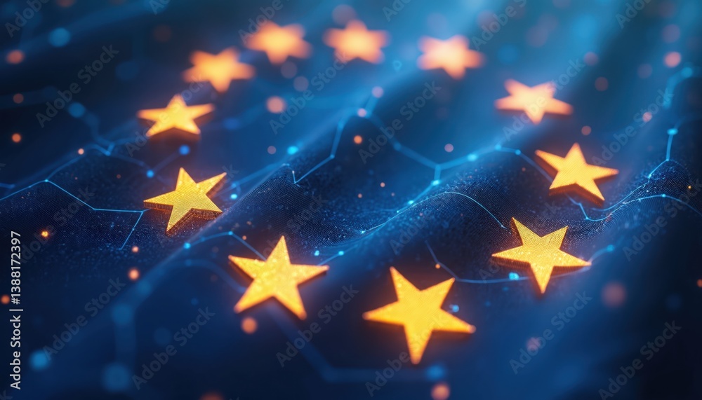 Poster digitalization concept. european union flag merges into digital data lines. modern tech, global netw