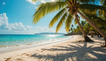 Tropical Beach: Palm Shadows on White Sand, Turquoise Water, Distant Hills, Sunny Day.
