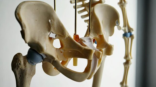 Detailed anatomy model showcasing hip bone, femur and spinal segments in natural beige color, representing skeletal system
