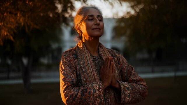 An elderly woman doing meditation, hands in prayer position and eyes gently closed. World yoga day, international yoga day, Indian woman doing yoga