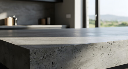 Close Up View of a Raw Concrete Countertop in a Modern Kitchen Interior