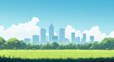 Fototapeta premium An illustration of a city skyline with a green grassy foreground