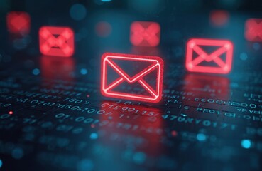 Email security alert, protection against spam, viruses, compromised communications in inbox. Digital envelope icon against binary code background. Data protection, phishing, internet security