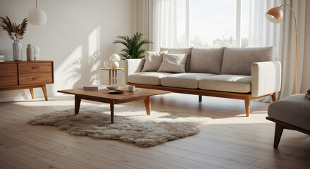 Bright And Airy Scandinavian Style Living Room With Teak Wood Accents And Sheepskin Rug