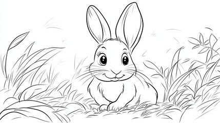 Obraz premium Cute rabbit in grassy field, children's book illustration