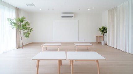Fototapeta premium Bright, modern, empty room with tables