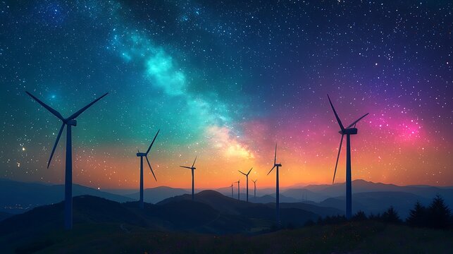 Colorful night sky wind turbines renewable energy