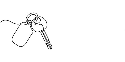 Car keys, car loan one line art. Continuous line drawing of transport, button, electronic, safety, car, insurance, mortgage, lock, driver.                                   