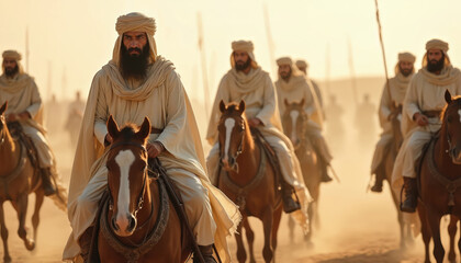 Illustration of arab warriors on horses preparing battle in desert. Historical scene with men in traditional clothes, turban, headwear riding horses. Military theme, conflict, armed forces, war.