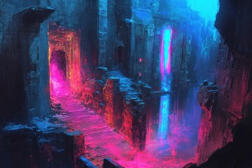 A mysterious neon pathway leads towards a glowing portal of light