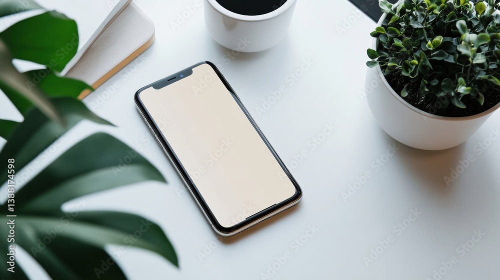 Poster sleek modern smartphone positioned on a clean white surface surrounded by minimalist plants and soft
