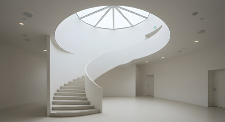Fototapeta premium Sculptural Spiral Staircase in Minimalist White Atrium with Skylight