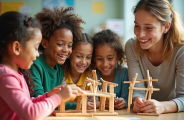Group of diverse kids, teacher build toy bridge in classroom. STEM education, teamwork, collaboration, communication, diversity, inclusion. Children play, learn, interact, develop skills. Joyful