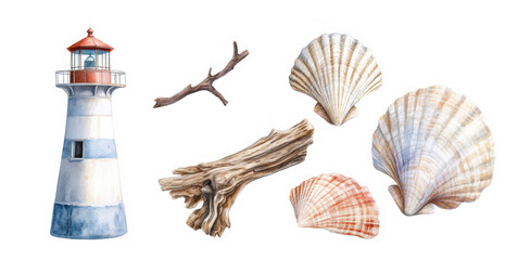 Soft pastel watercolor artwork of coastal elements: seashells, driftwood, a sailor hat, and a lighthouse, isolated on white, high resolution --v 6.1 Job ID: 9ad8a9ea-ee21-41aa-9944-88c0de3f8798