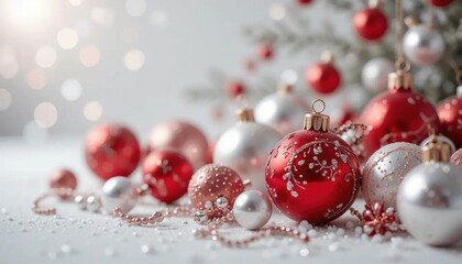 Fototapeta premium Glistening Christmas Ornaments: Red, Silver, and Pearl Beads on Faux Snow with Soft Bokeh.