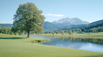 Solitary Tree Lake and Mountains Serene Landscape High-Resolution Panorama Lush Grass Tranquil Scene Alpine Background Calm Peaceful Tones Ideal for Travel Brochures