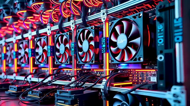 Close-up of colorful GPU mining rig with cooling fans and red LED lighting