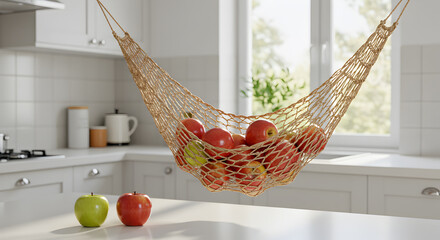 Obraz premium Serene Kitchen With a Woven Fruit Hammock Full of Ripe Apples