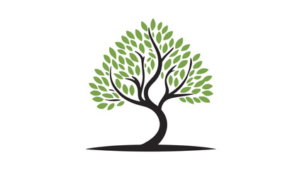 Stylized Tree Illustration Featuring Green Leaves and Curved Black Trunk, A modern artistic representation of a tree with green leaves and a curving black trunk