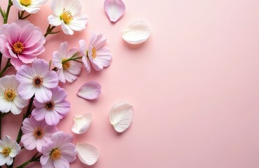 Beautiful spring flowers bloom on soft pink background. Fresh blossoms, floral design. Floral background, delicate petals, pastel shades of flowers. Gentle color palette, great for invitation card,