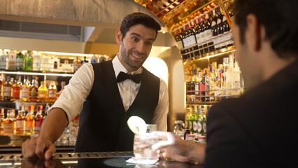 Smart bartender serving drink gin fizz with lemon sliced to VIP guest while waiting friend at luxurious counter bar. Barman providing excellent service at vibrant nightlife party atmosphere. Vinosity.