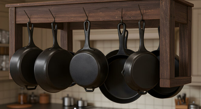 Rustic Kitchen Scene with Hanging Cast Iron Pans and Wooden Rack