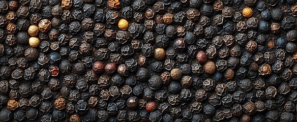 Macro photograph of black peppercorns, rough texture, earthy tones, isolated