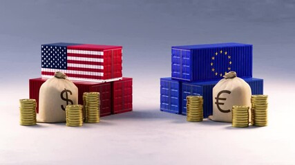 USA trade war against European Union and international tariffs. Stacked shipping containers with money bags and coins. Global import export costs and economic policies