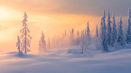 Obraz premium Snowy Trees Under Soft Sunlight in Winter Landscape Scene