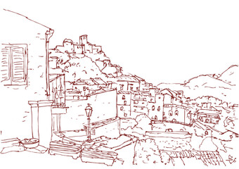 Place of filming movie The Godfather on Sicily, an ink pen landscape with view on Castello Normanno, Via Annunziata 98, Forza d'Agro, Italy