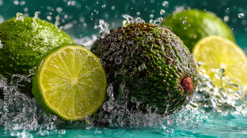 Aufkleber fresh limes and avocados create a vibrant splash of green with water droplets on a solid backdrop