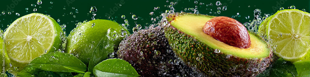 Aufkleber Refreshing avocado and lime splashes create a vibrant scene with droplets on a solid background