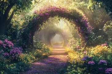 A magical arched walkway through a vibrant blossoming forest setting