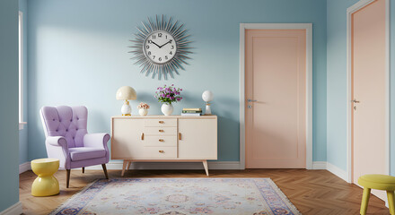 Stylish Retro Entryway Interior Design with Pastel Furniture And Sunburst Clock