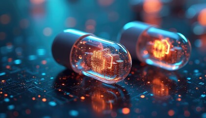 Futuristic digital pills represent tech innovation, transform healthcare. Nanotechnology, medicine. Capsules with glowing microchips, circuits inside. Artificial intelligence, computer science.