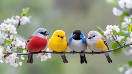 Fototapeta premium Four colorful birds perched on a flowering branch