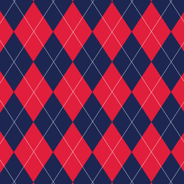 Seamless red argyle pattern, diamond and harlequin geometric pattern. Vector decorative ornamental checkered rhombus background