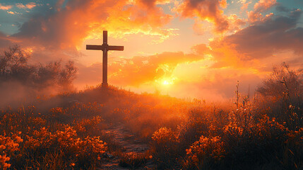 Fototapeta premium A majestic wooden cross silhouetted against a vibrant, fiery sunset over a field of flowers.